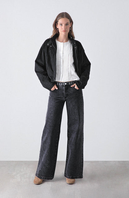 Pantalón Wide Leg Pretina Ojal Black